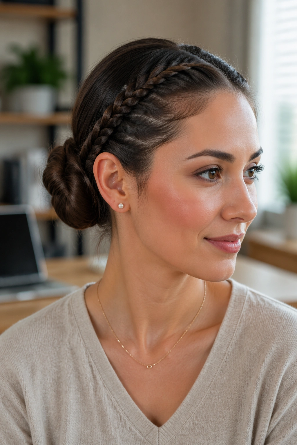 Twin lace braids feeding a center bun on a real woman