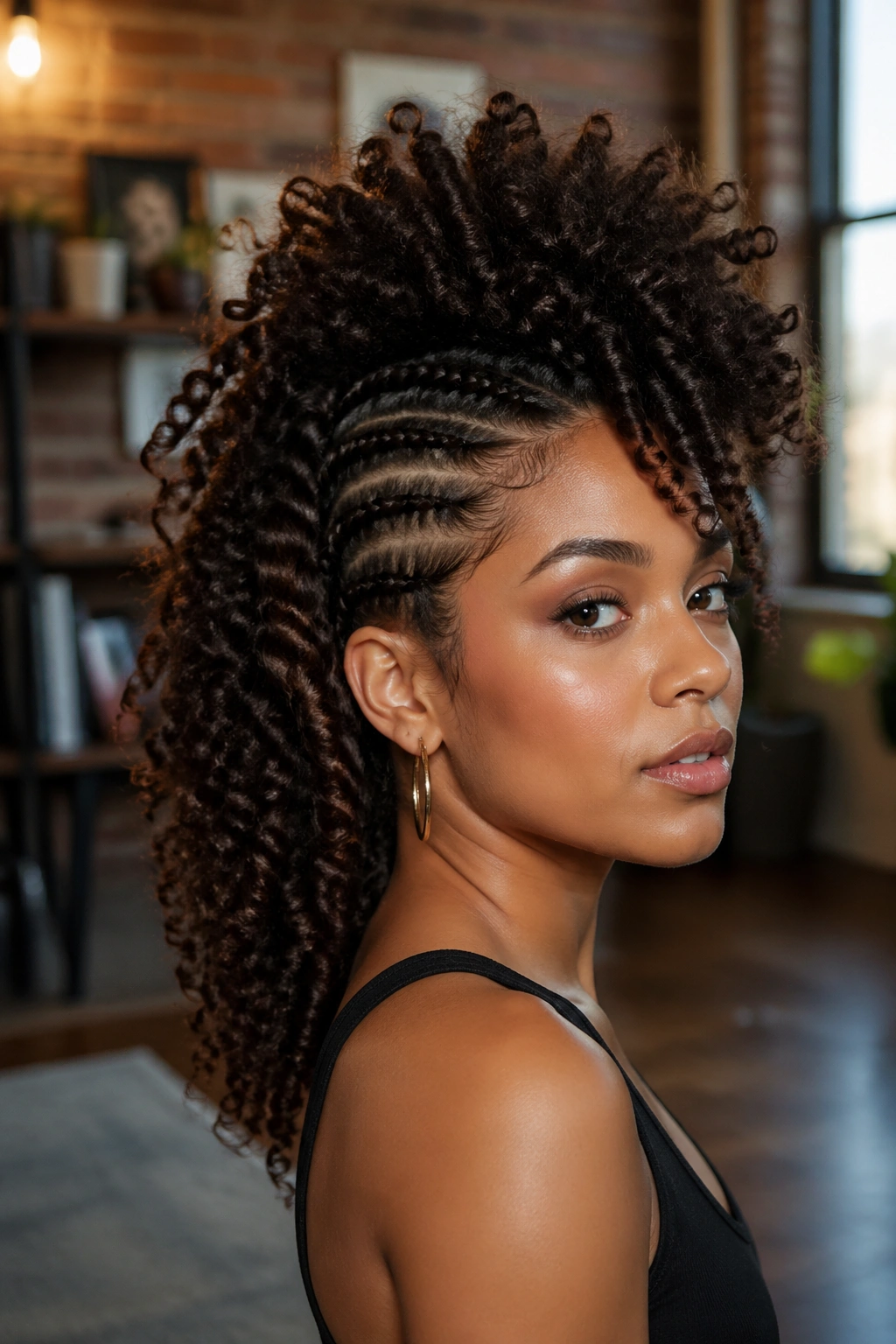 Profile of side lace braid mohawk on stretched curls