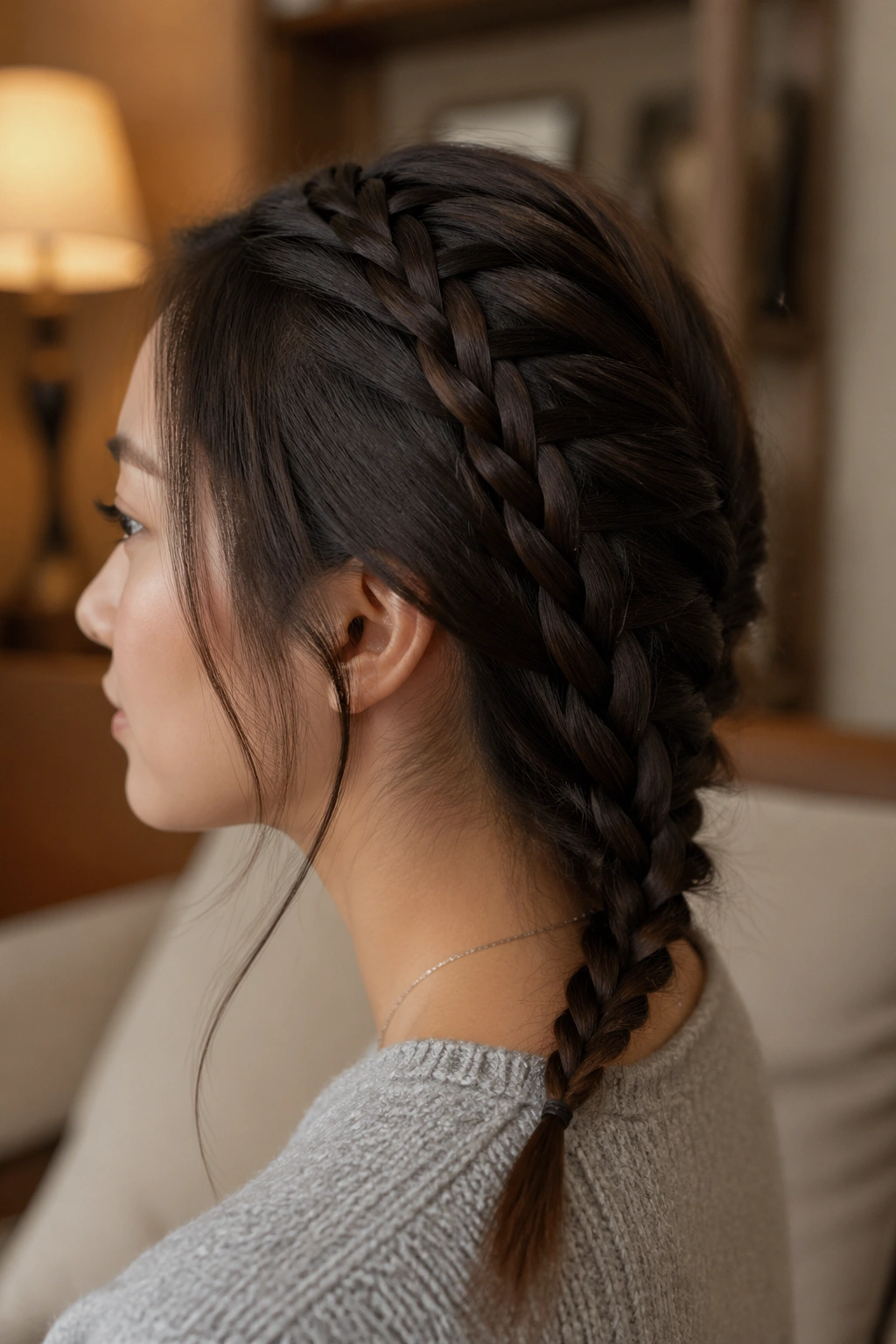 Close-up of a real person showing a ladder braid along the back of the head