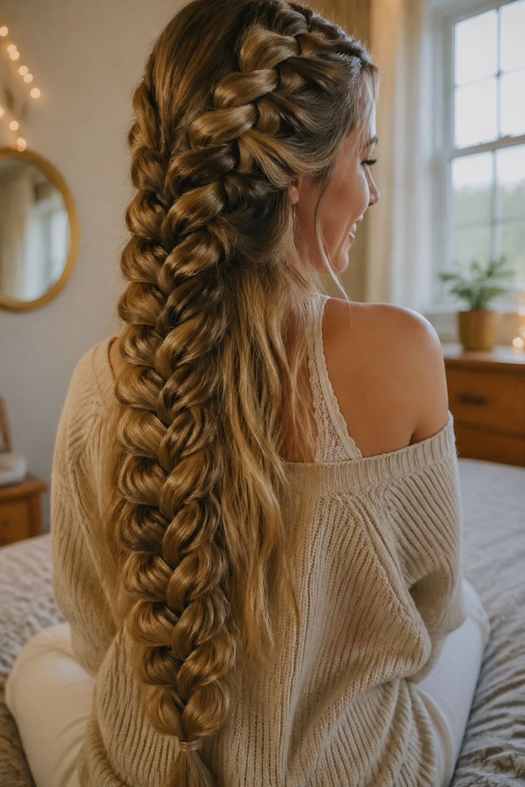 Close-up of a real woman showing a waist-length ladder-style pancake braid with visible pattern and texture