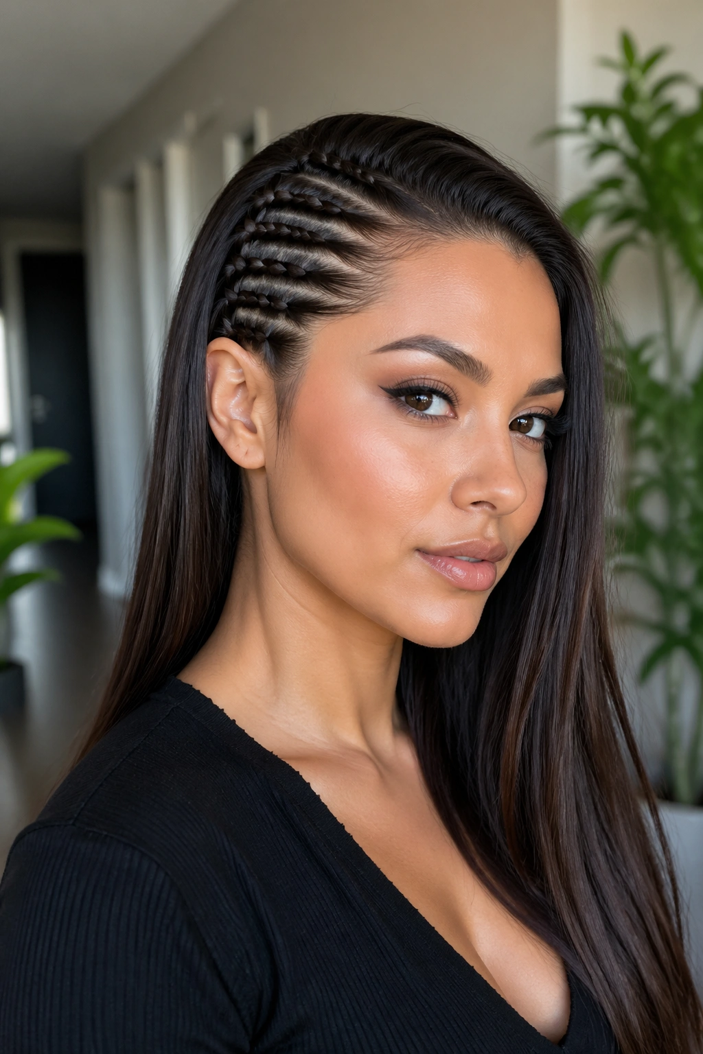 Close-up of a real woman's head showing a ladder side braid along the jawline