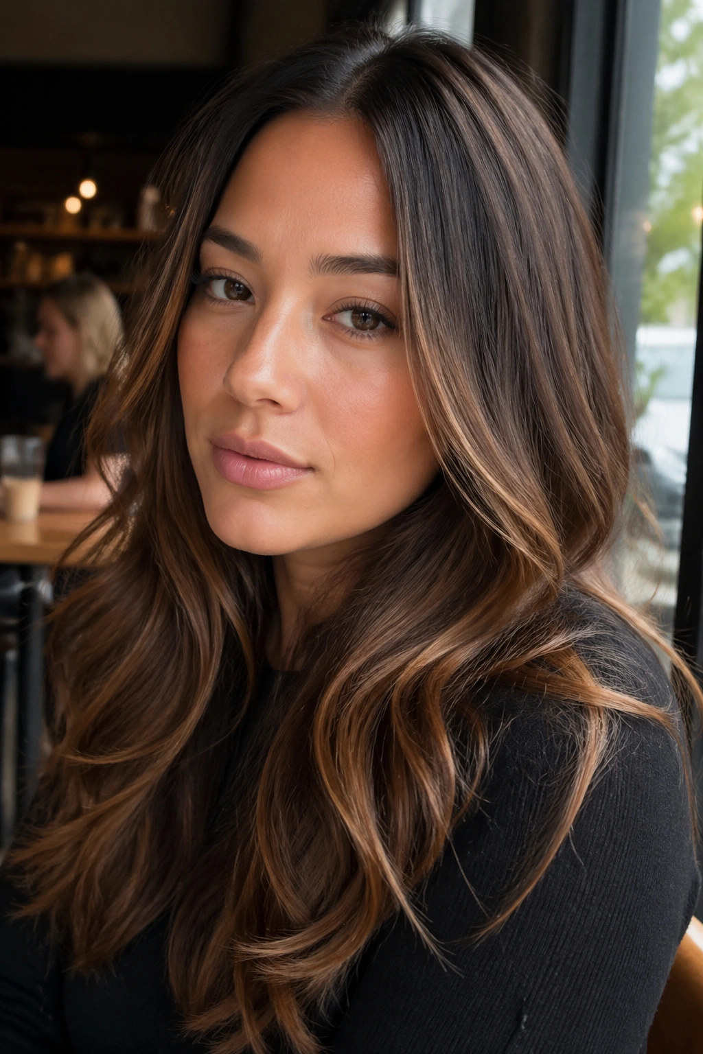 Close-up of a woman with latte brown hair in a sunlit cafe setting.