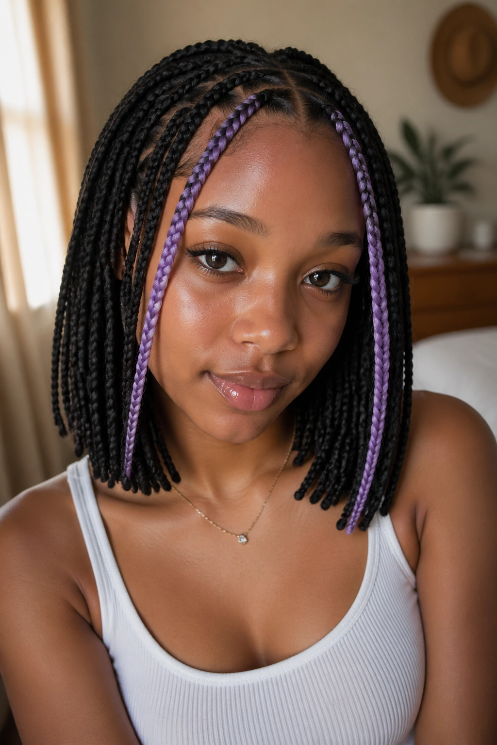 Real woman with shoulder-length braids featuring lavender face-framing strands