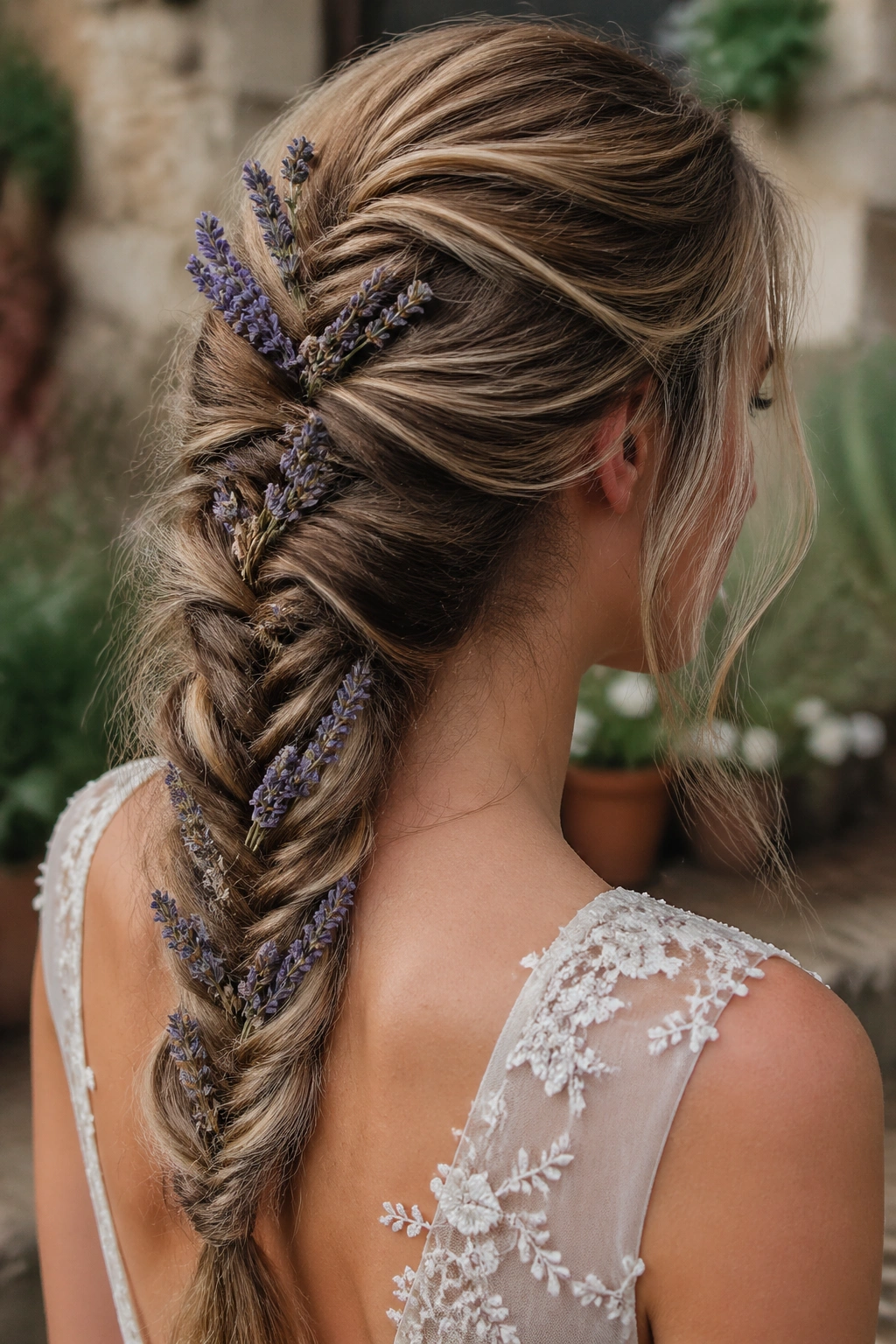 Close-up of rustic fishtail braid with dried lavender accents in garden setting.
