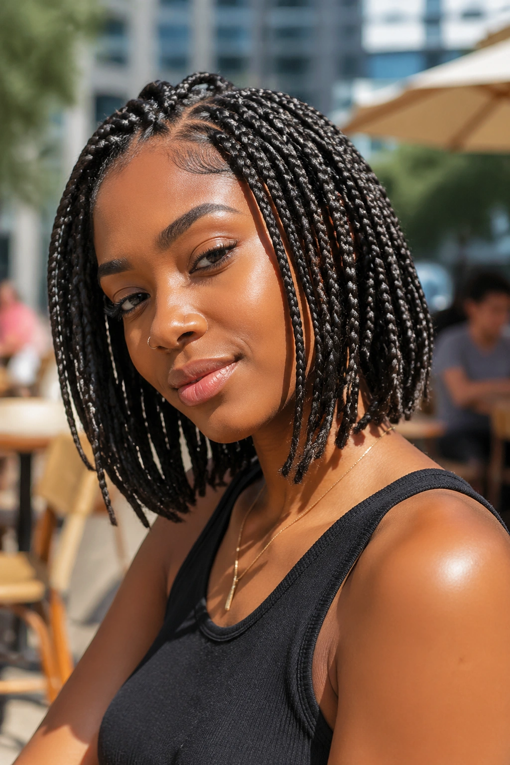 Portrait of a woman with layered bob-length box braids framing her face.