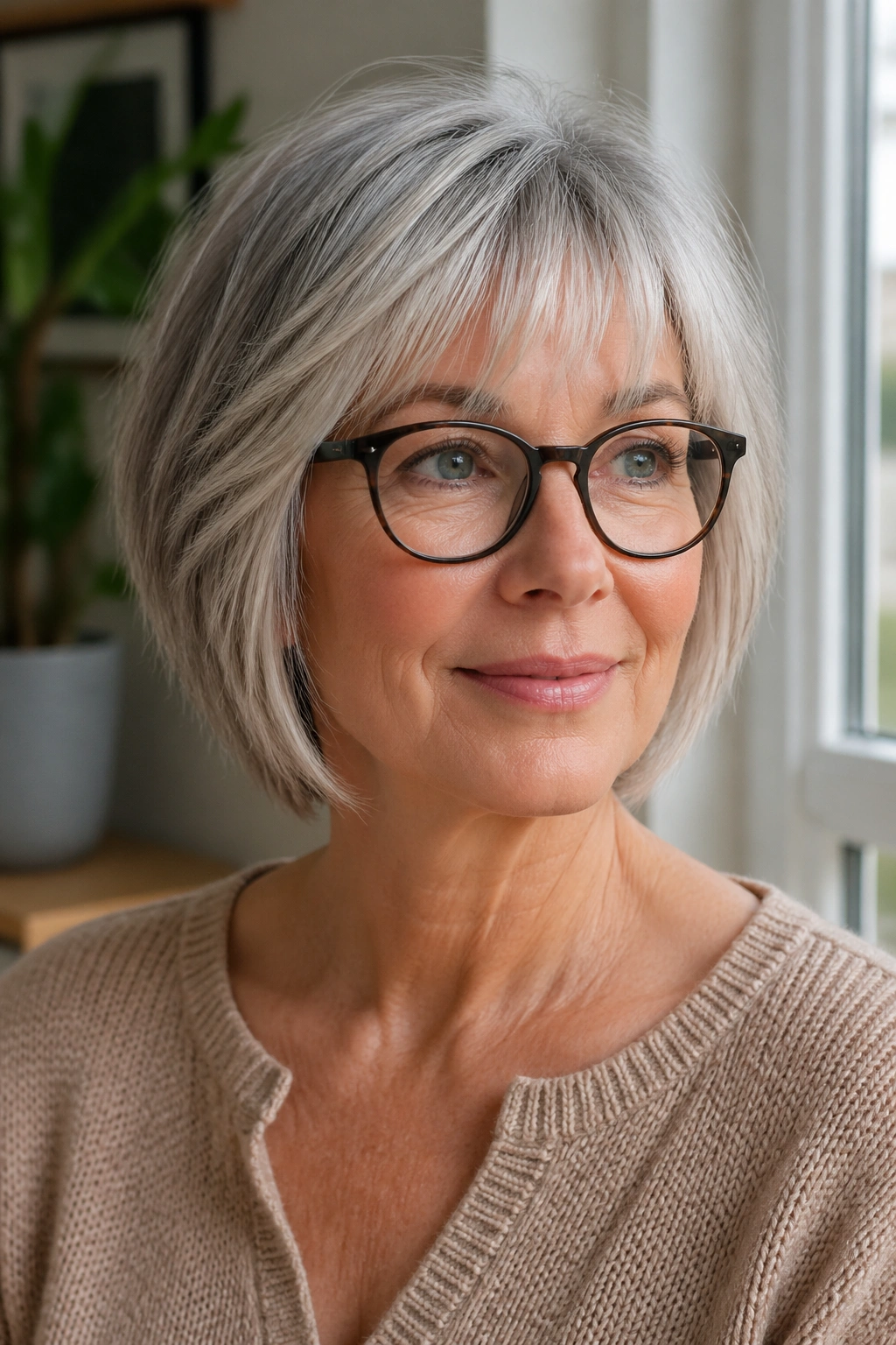 Close-up of a real woman with a layered bob and glasses-friendly bangs.