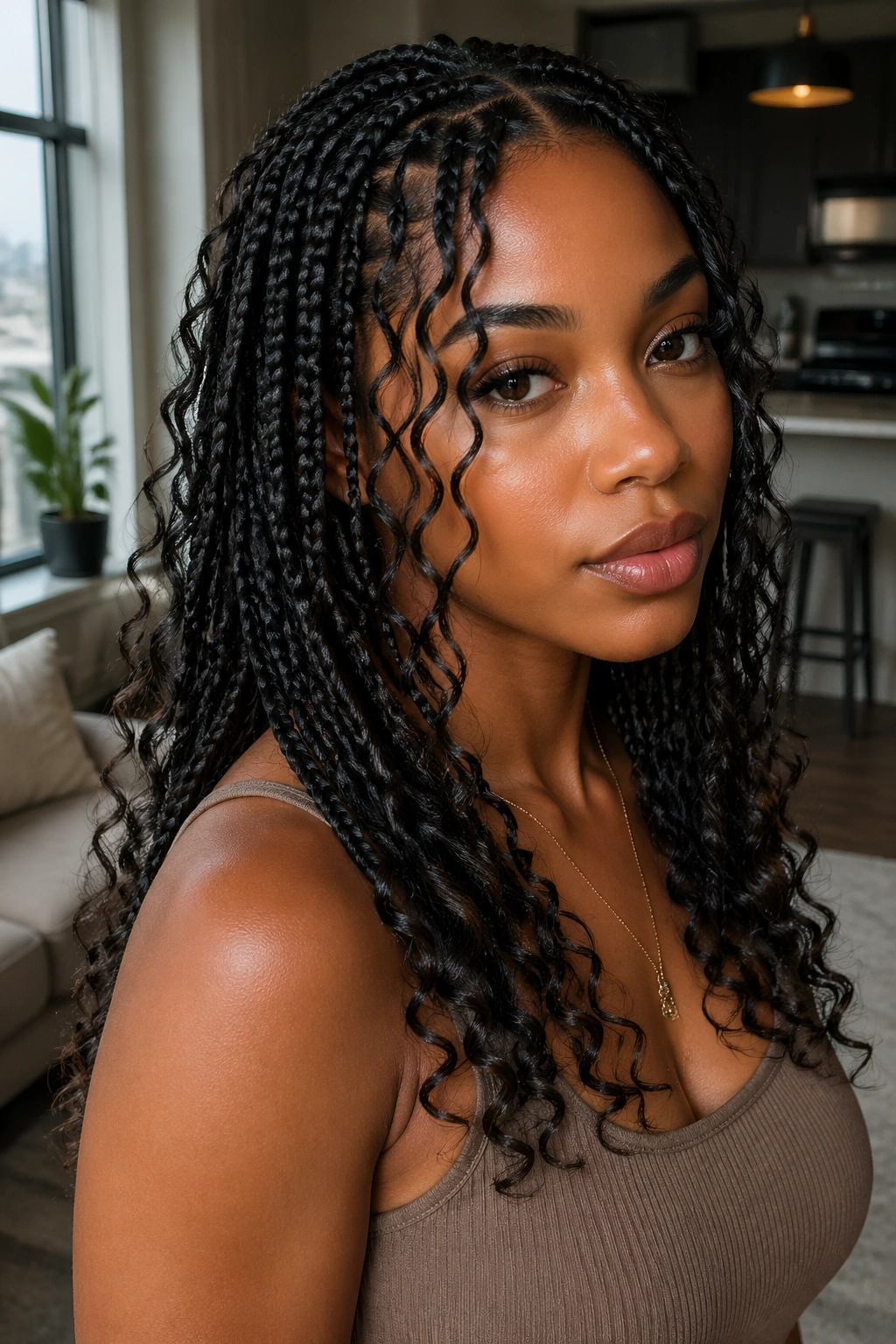 Close-up of layered box braids with face-framing curls on real person