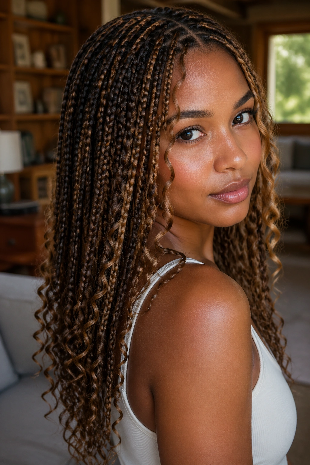 Close-up of layered mid-back box braids in warm brown depth with caramel blonde accents