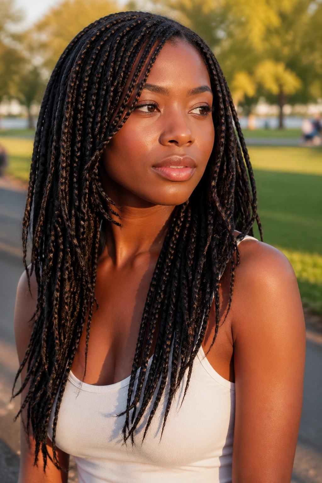 Close-up of a real person with layered box braids showing front shorter pieces and longer back pieces