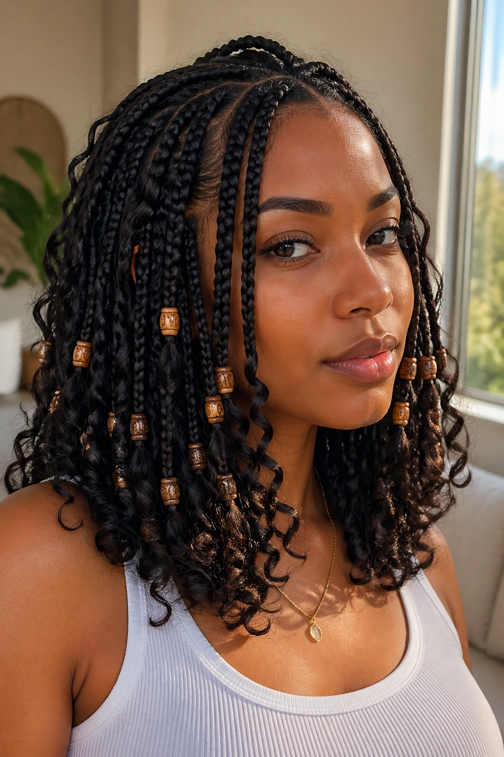 Close-up of layered shoulder-length goddess braids with barrel beads on a real person
