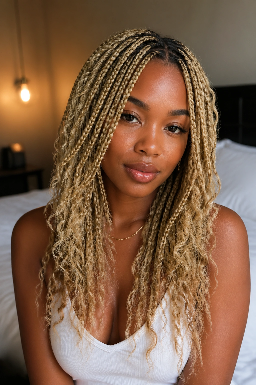 Close-up of real woman with layered blonde box braids showing shorter front layers and longer back layers, curly ends.