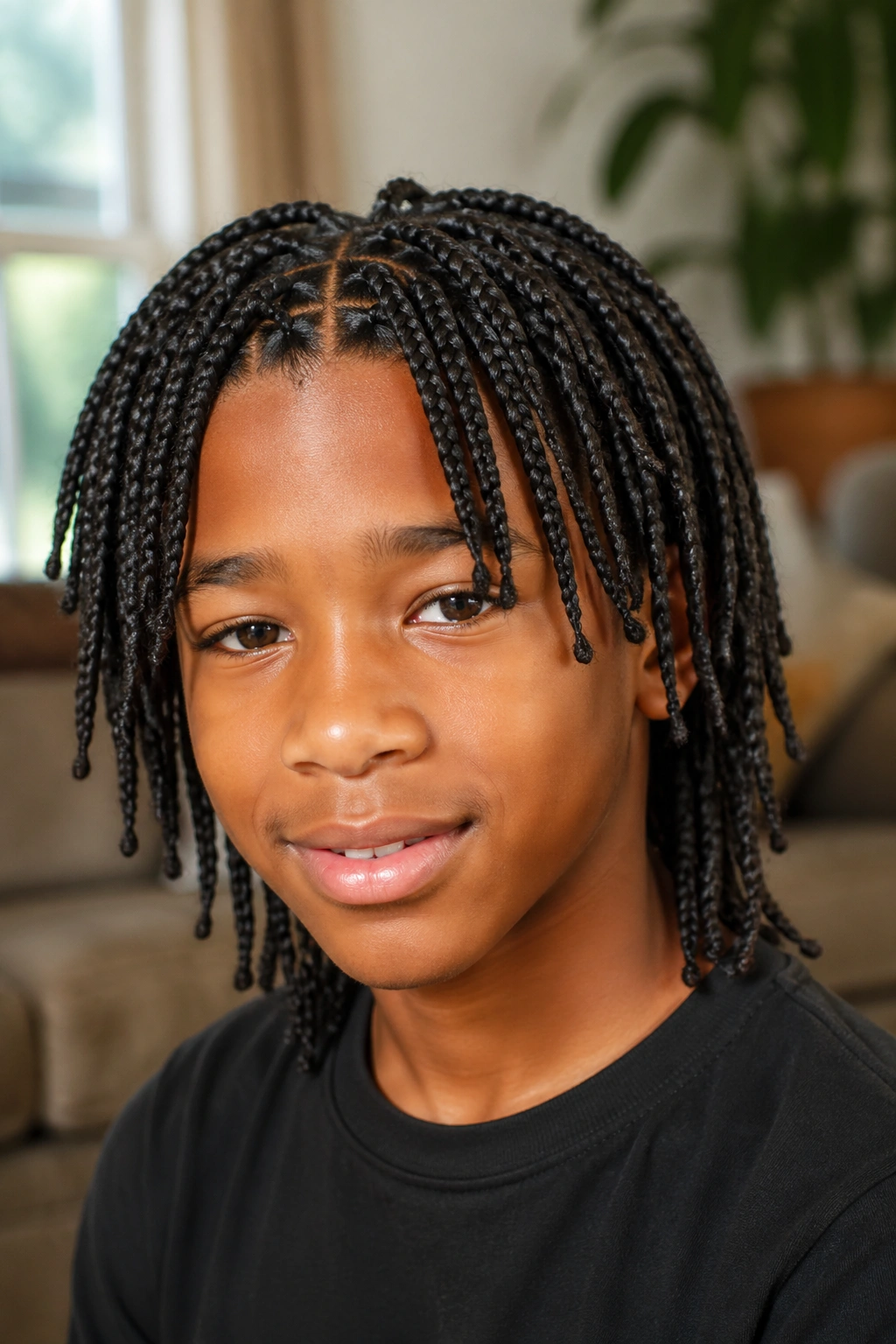 Close-up portrait of a real boy with layered medium box braids