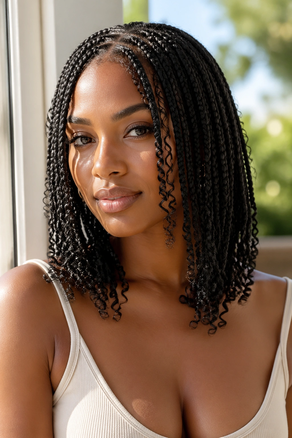 Close-up of layered braids framing the cheekbones on a real woman