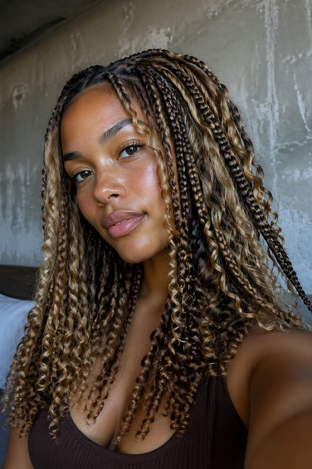 Close-up of layered box braids with mixed curl patterns in brown and blonde.