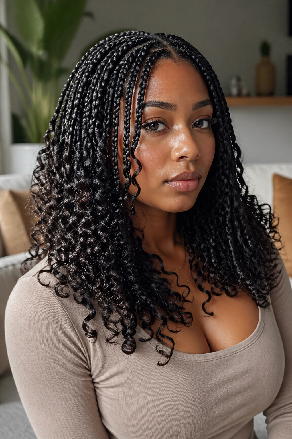 Real person wearing layered knotless braids with mixed curls