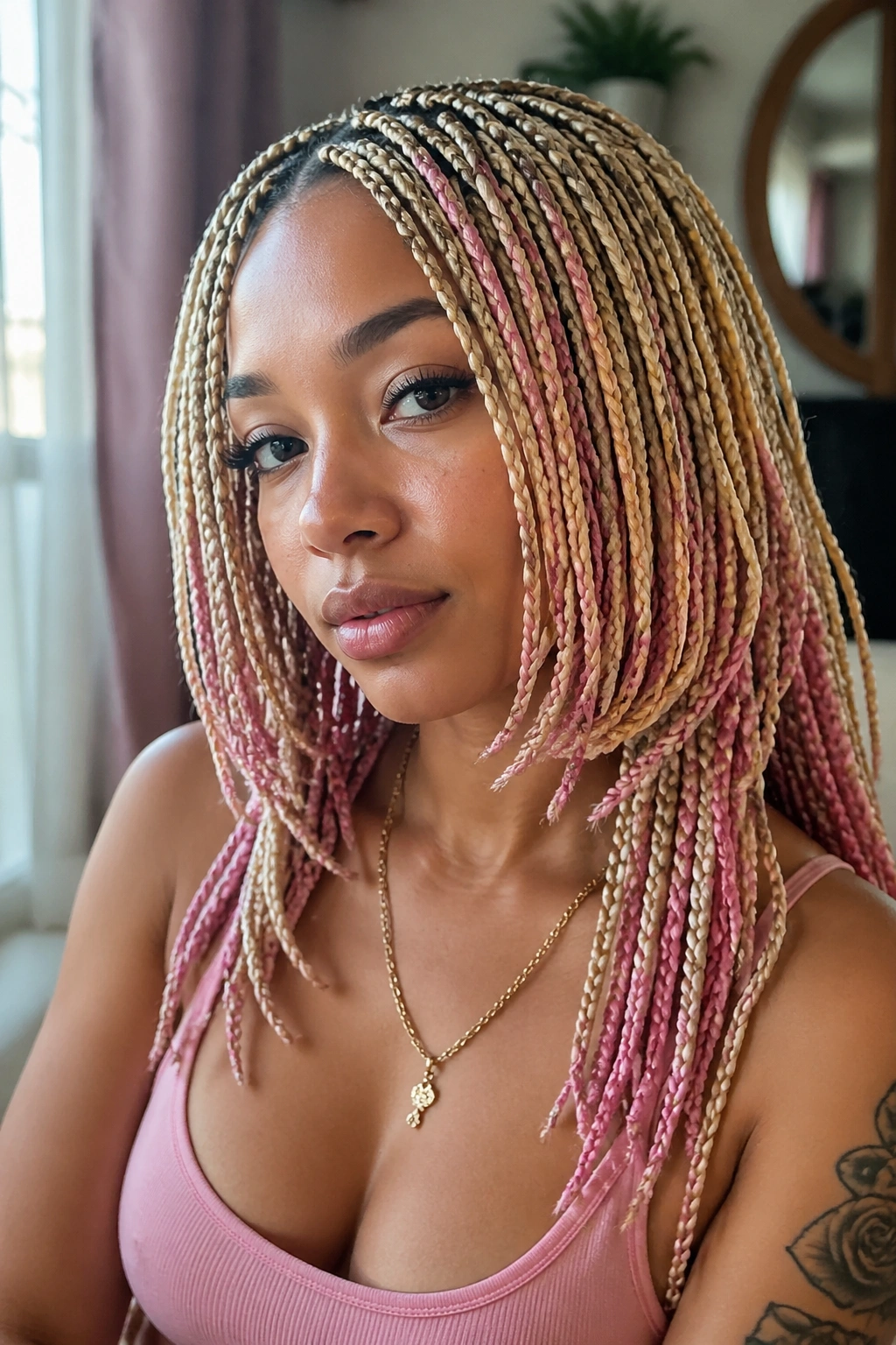 Close-up of layered blonde and pink knotless box braids on a real person