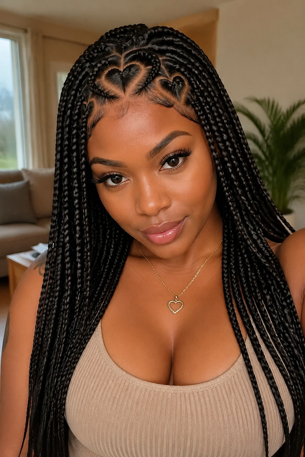Close-up of layered braids with three small heart shapes on the front
