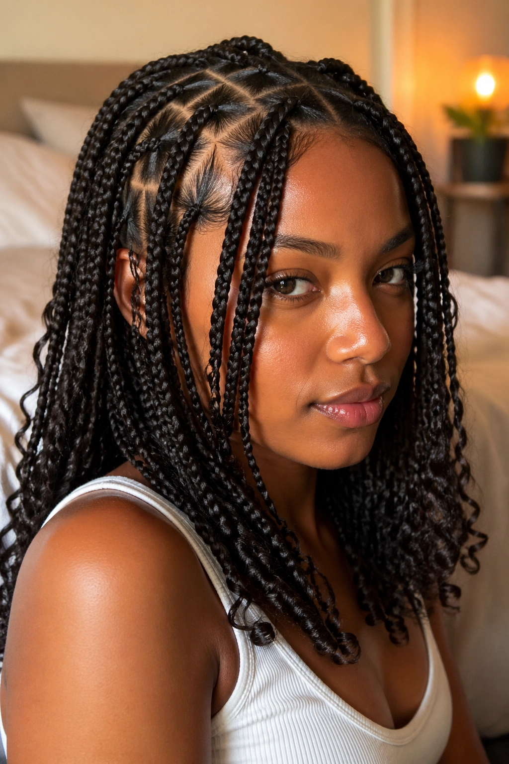 Close-up of layered triangle-part braids on a real person, shorter front pieces framing the face