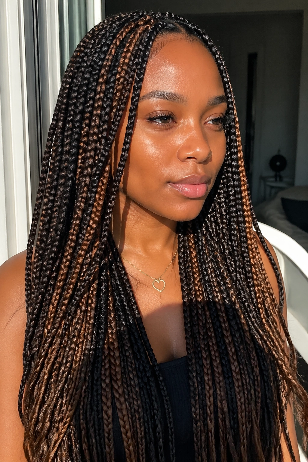 Close-up of a real woman with layered brown peekaboo braids in mixed tones in bright light