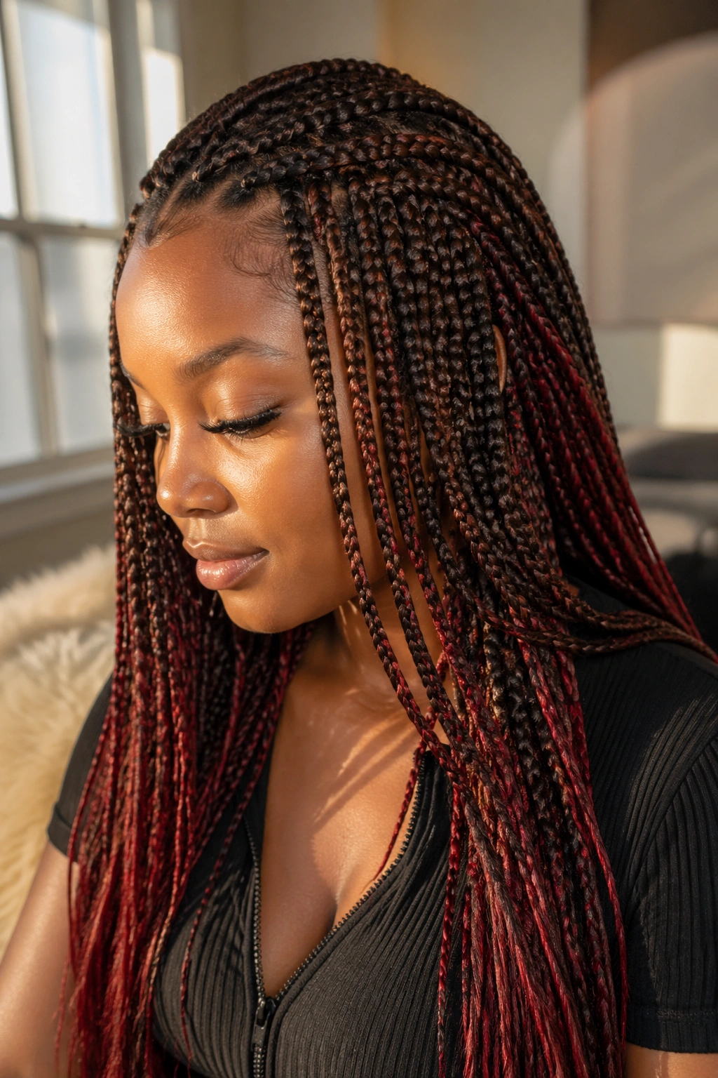 Close-up of real woman with layered brown and red knotless braids