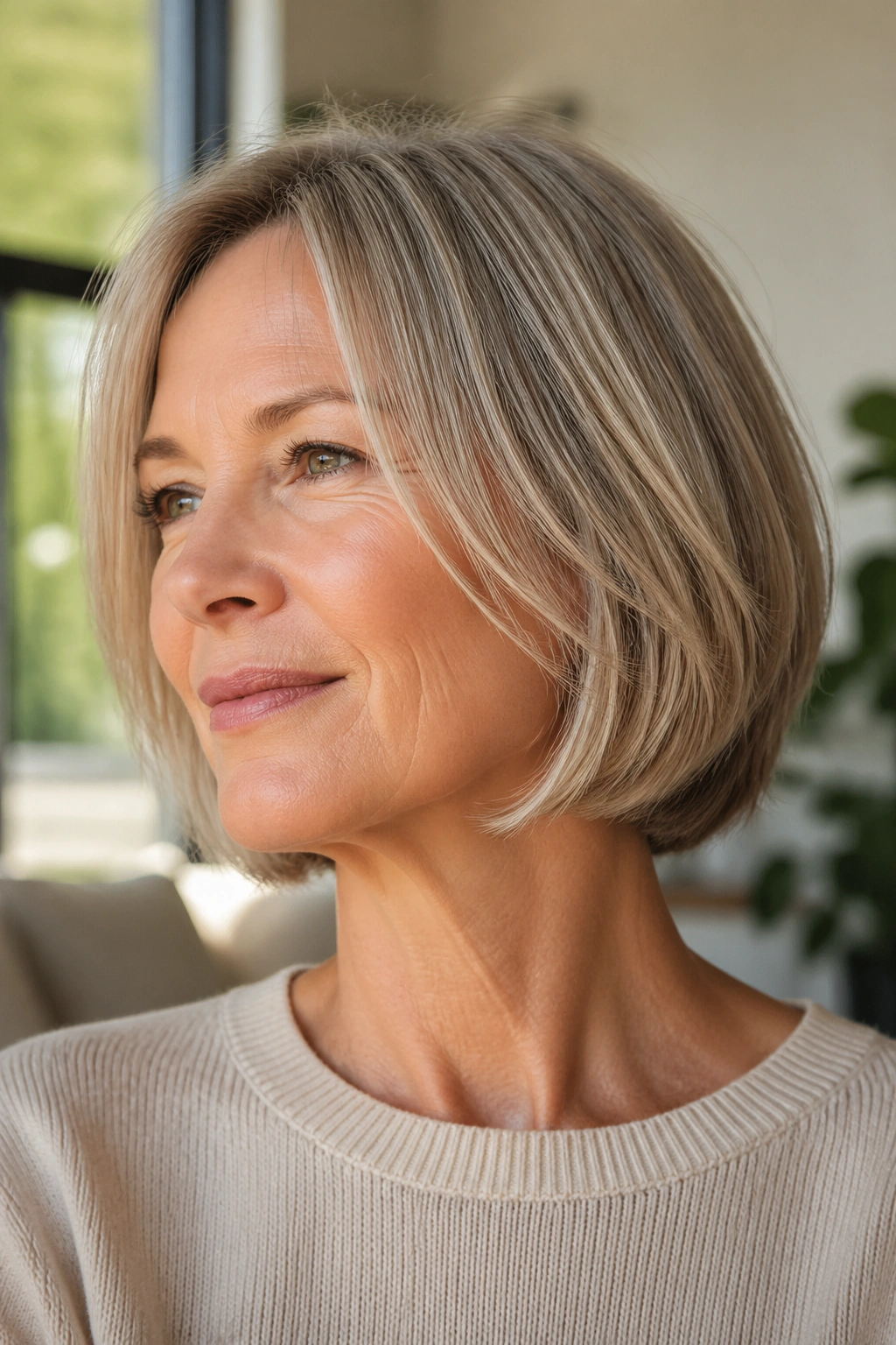 Real woman with layered chin-length bob showing rounded fullness
