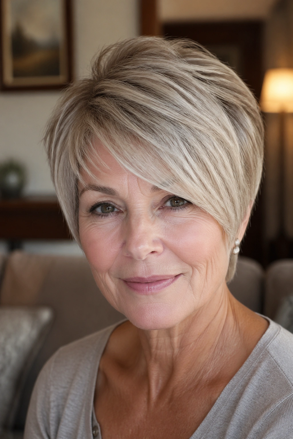 Close-up of a real woman with layered crop and side-swept bangs in warm ambient light