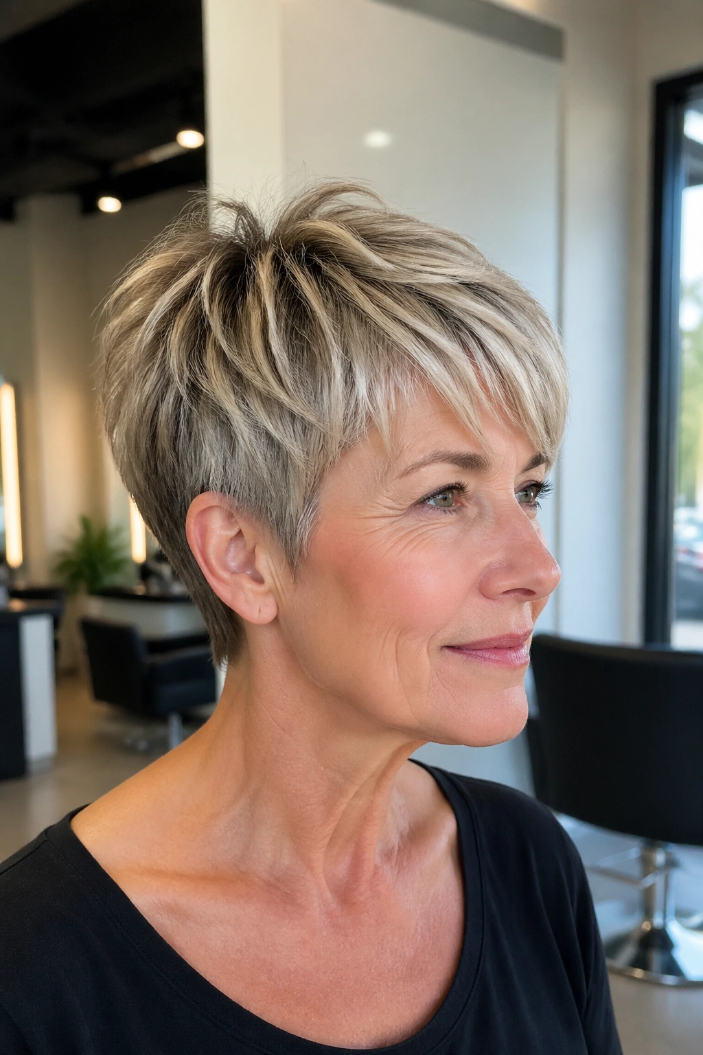 Close-up portrait of a woman with a layered crop for fine hair.