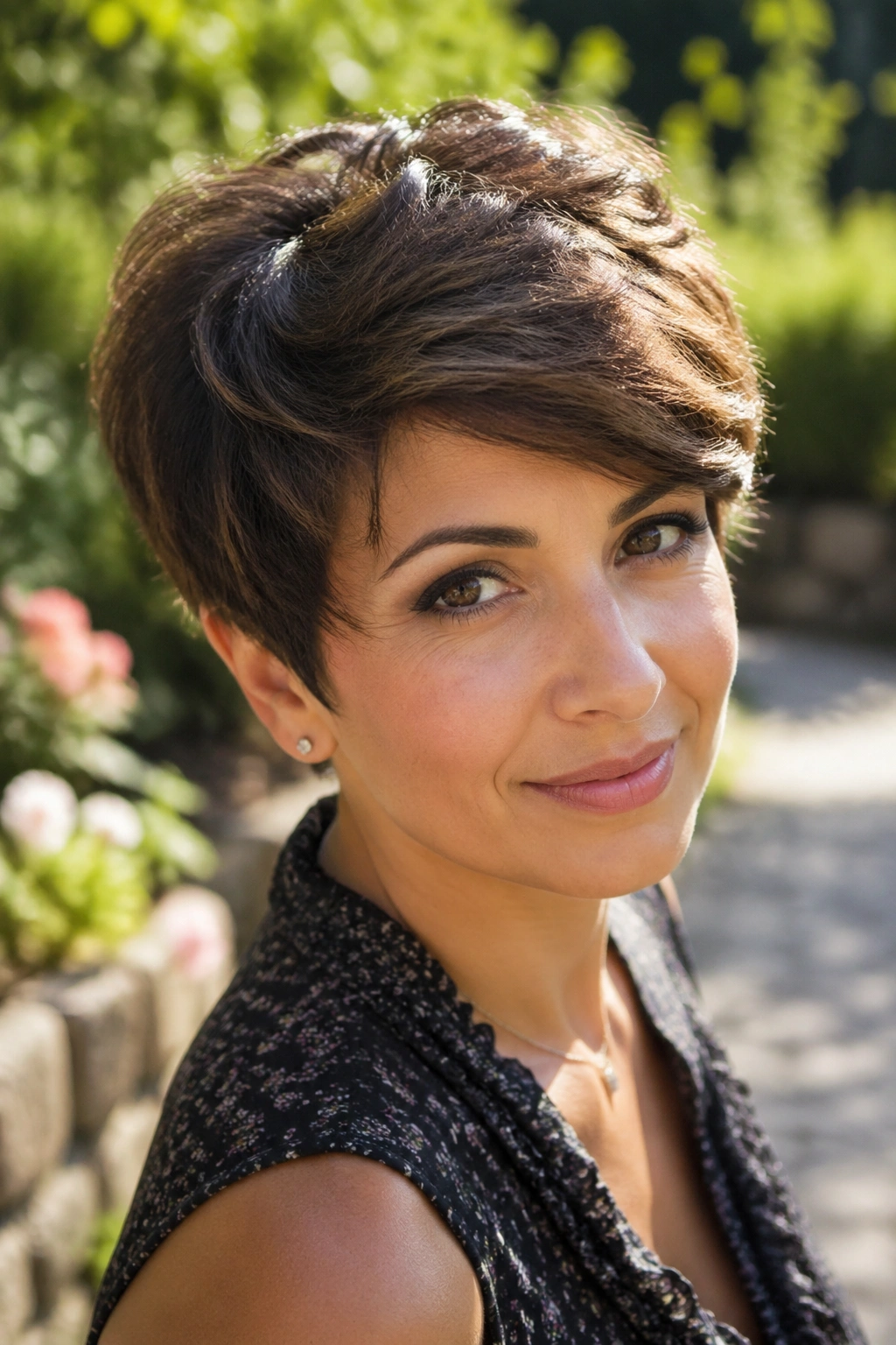 Close-up portrait of a real woman with layered crop and side-swept fringe