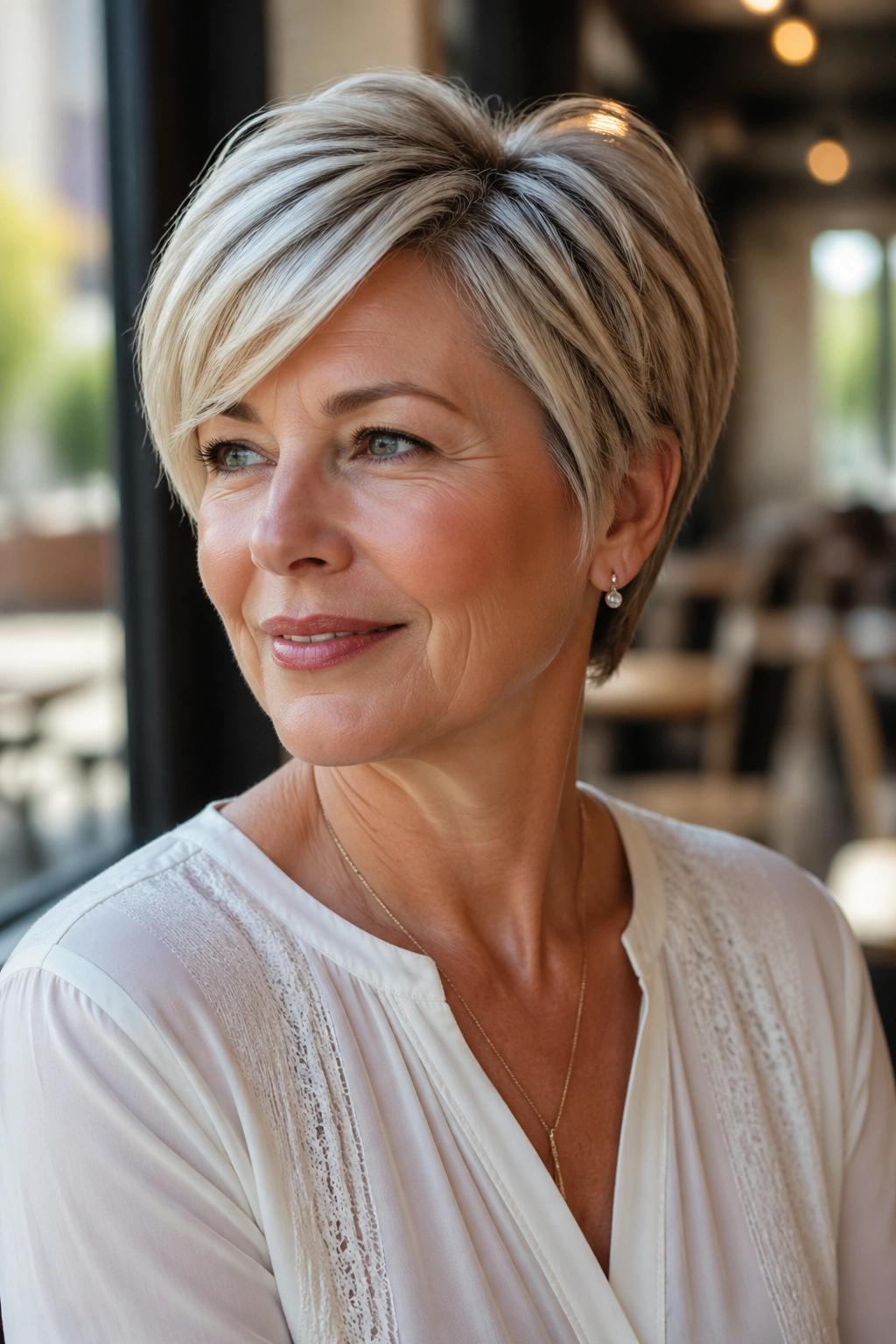 Close-up portrait of a real woman with a layered crop and side-swept bangs.
