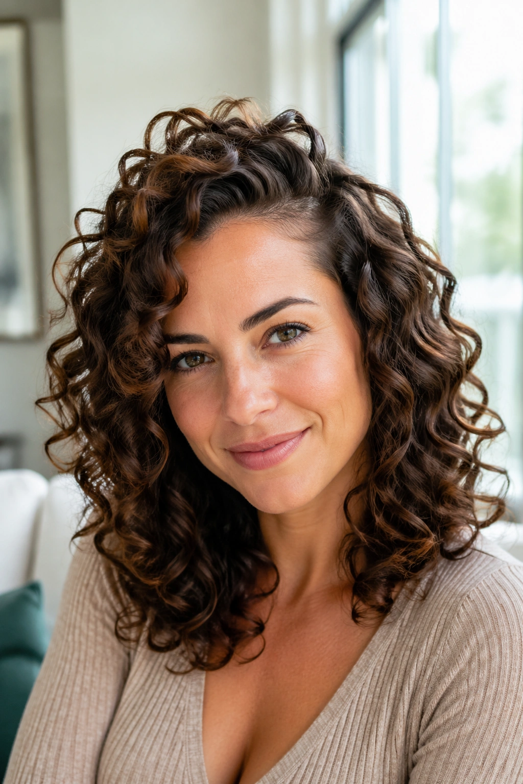 Portrait of layered curls with a side part on a real woman.