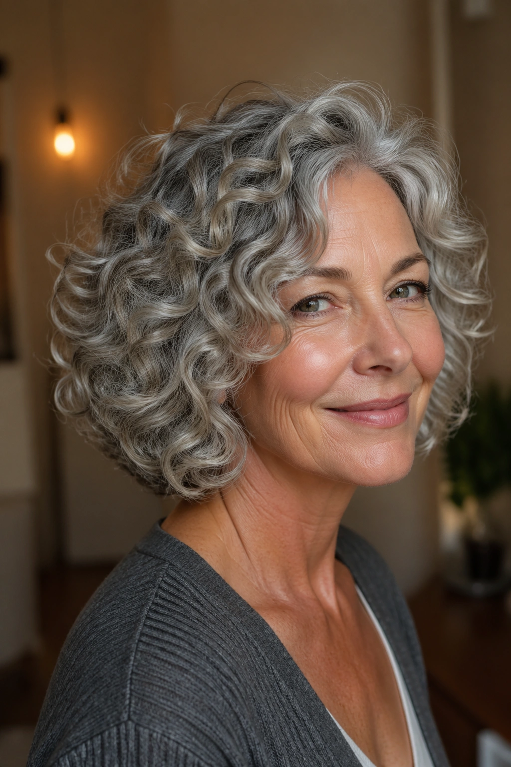 Portrait of a woman with a layered curly bob