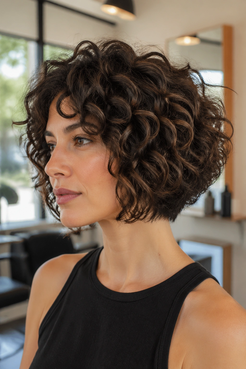 Real woman with layered curly inverted bob for thick hair in a bright salon