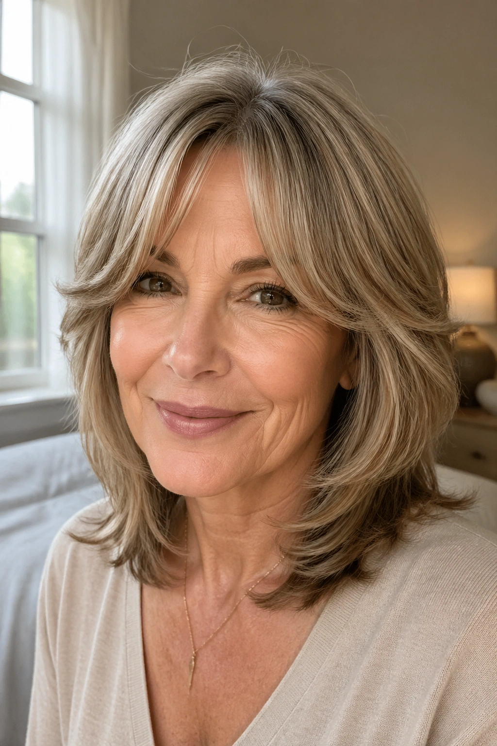 Close-up portrait of a real woman with curtain bangs and layered cut.