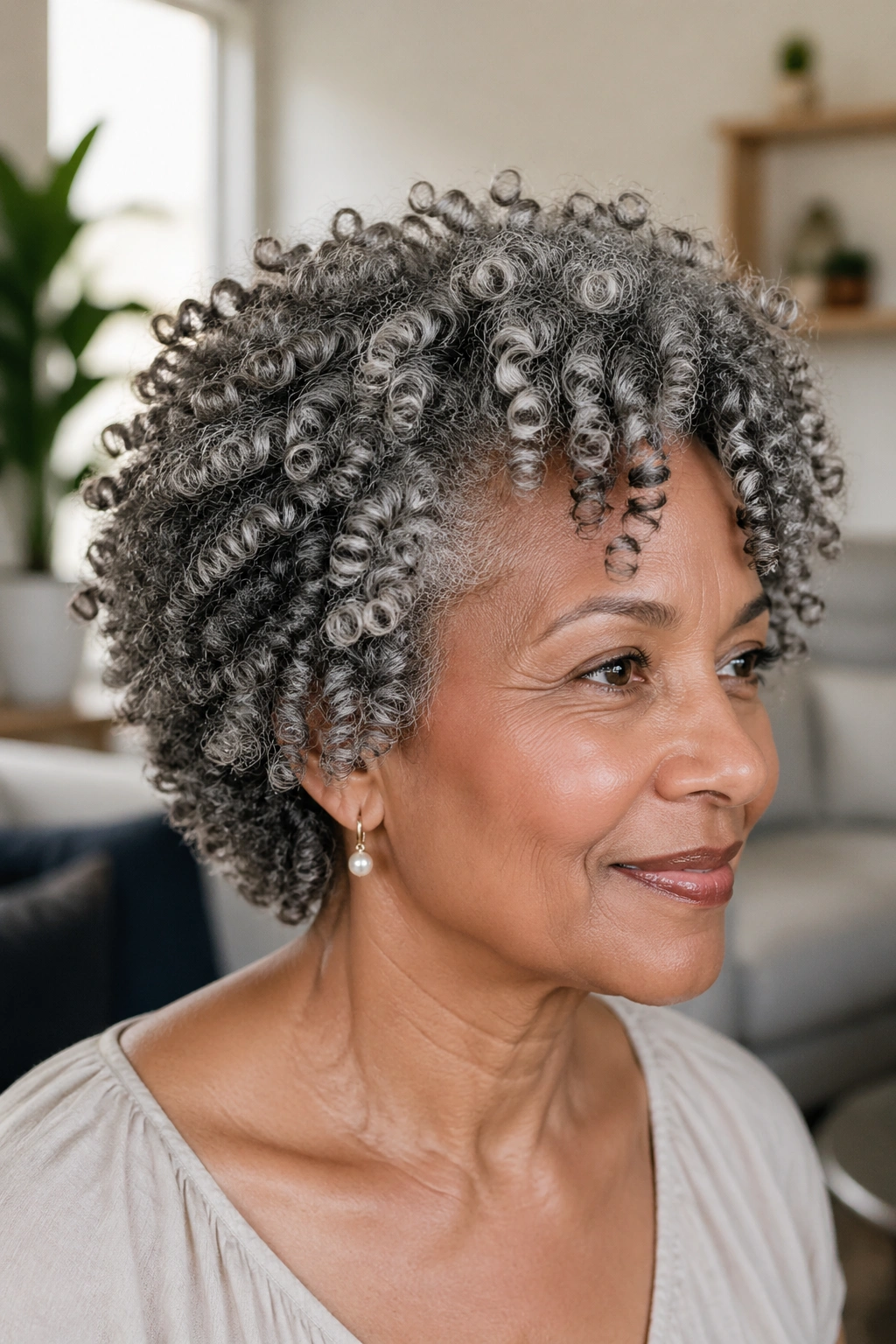 Portrait of a real woman with layered cut for thick coils