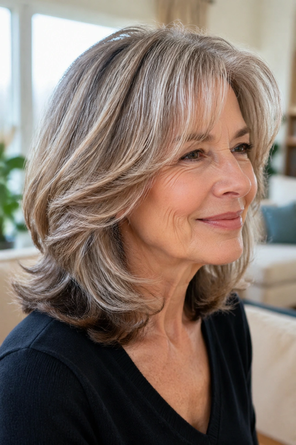 Real woman with thick hair and mid-length layered cut showing cheekbone-started layers.