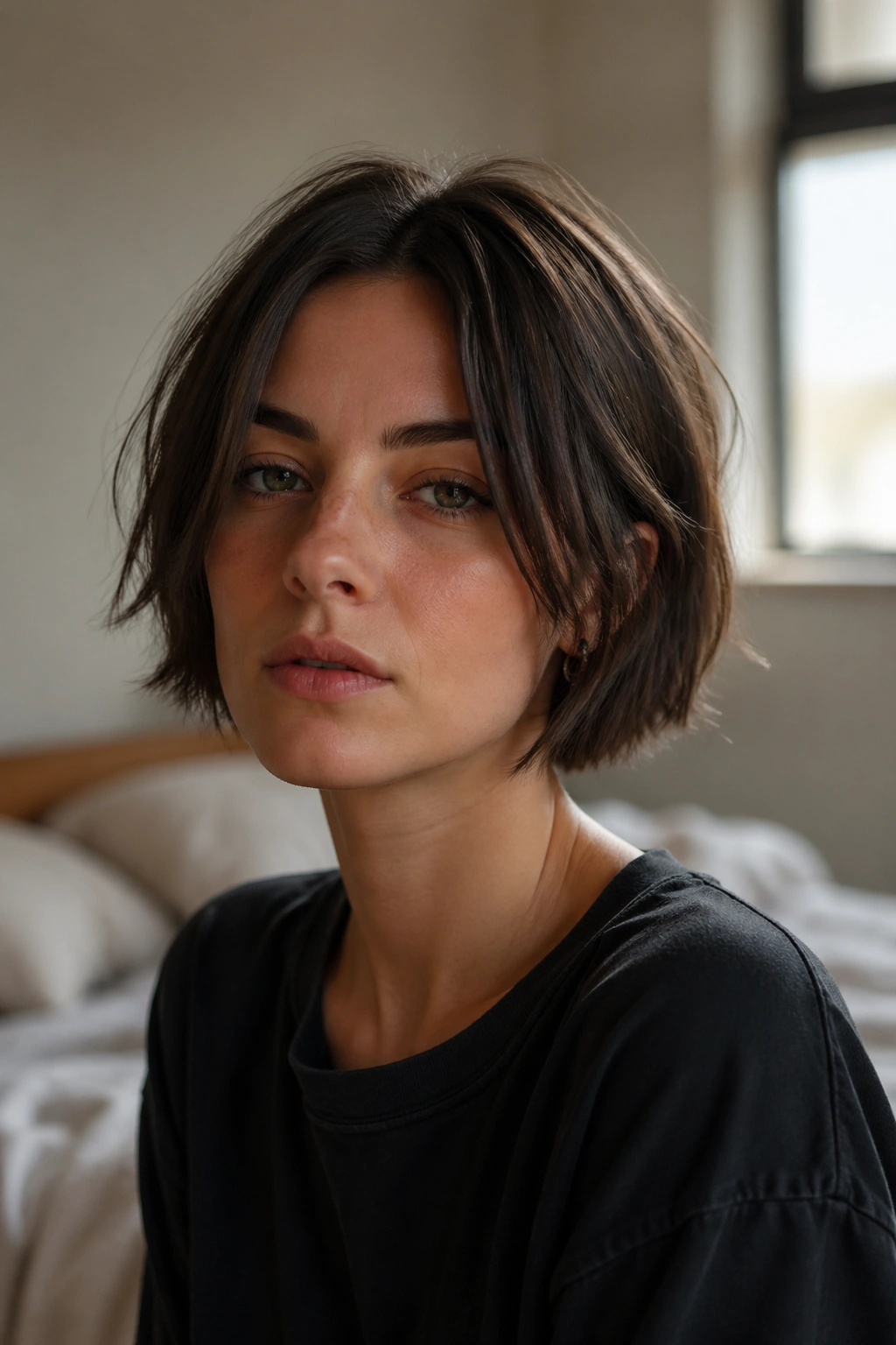 Close-up of real person with layered ear-length bob in softly lit bedroom