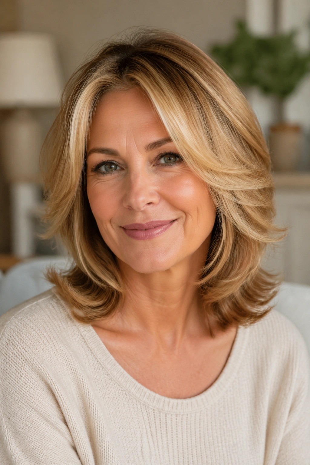Portrait of real woman with layered flip honey blonde in natural light