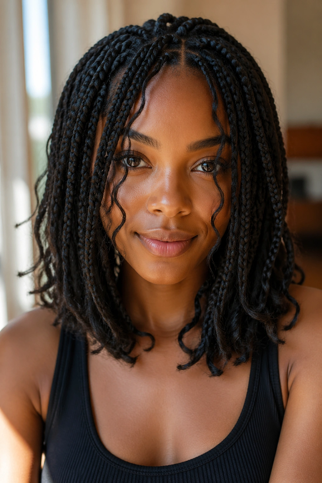 Portrait of a real woman showing layered front pieces on goddess box braids