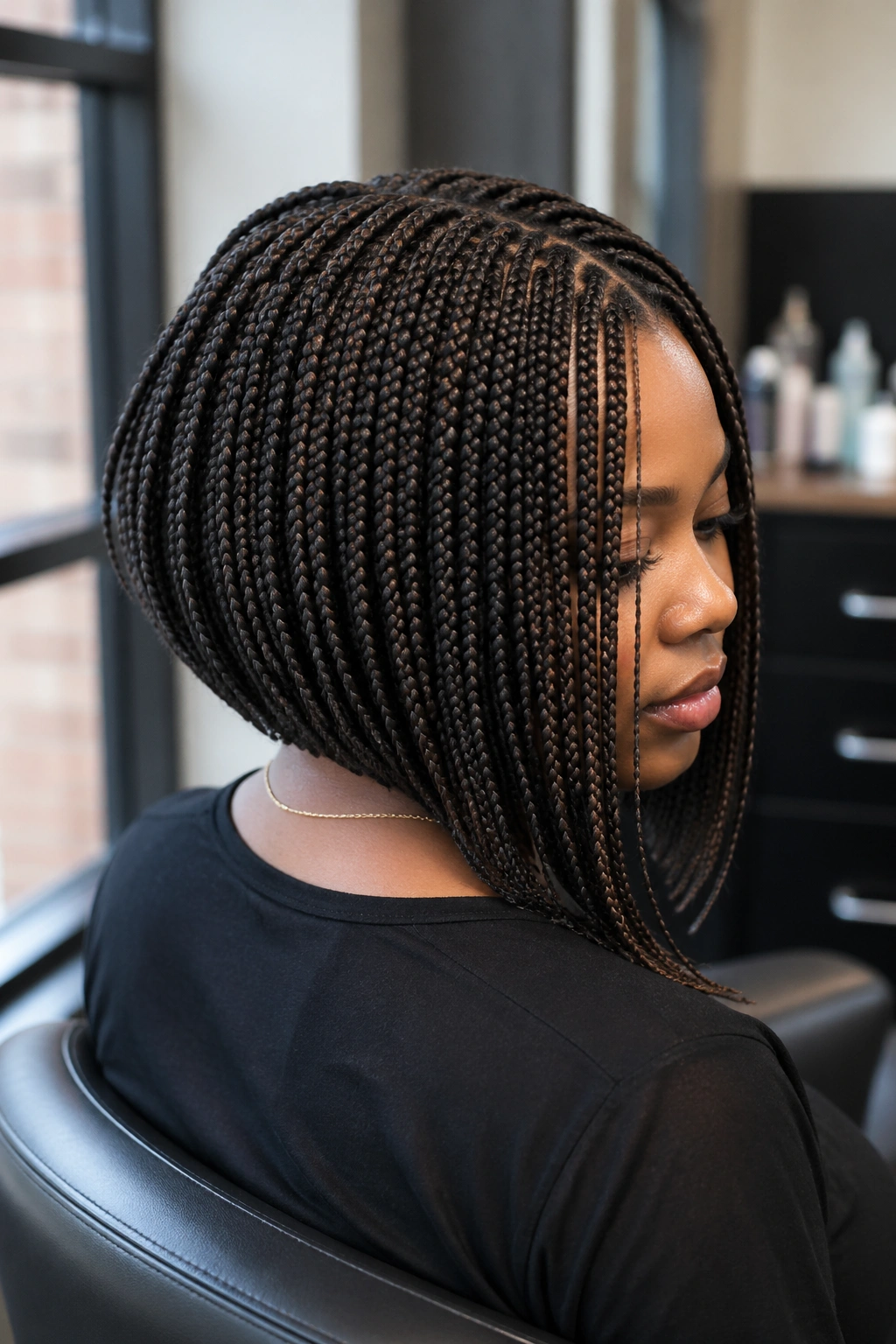 Portrait of real woman with layered graduated bob showing back shorter and front longer