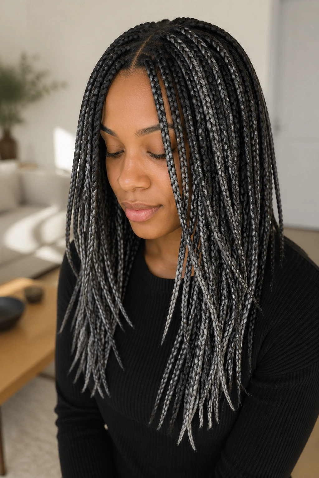 Portrait of a real person with layered grey highlighted box braids