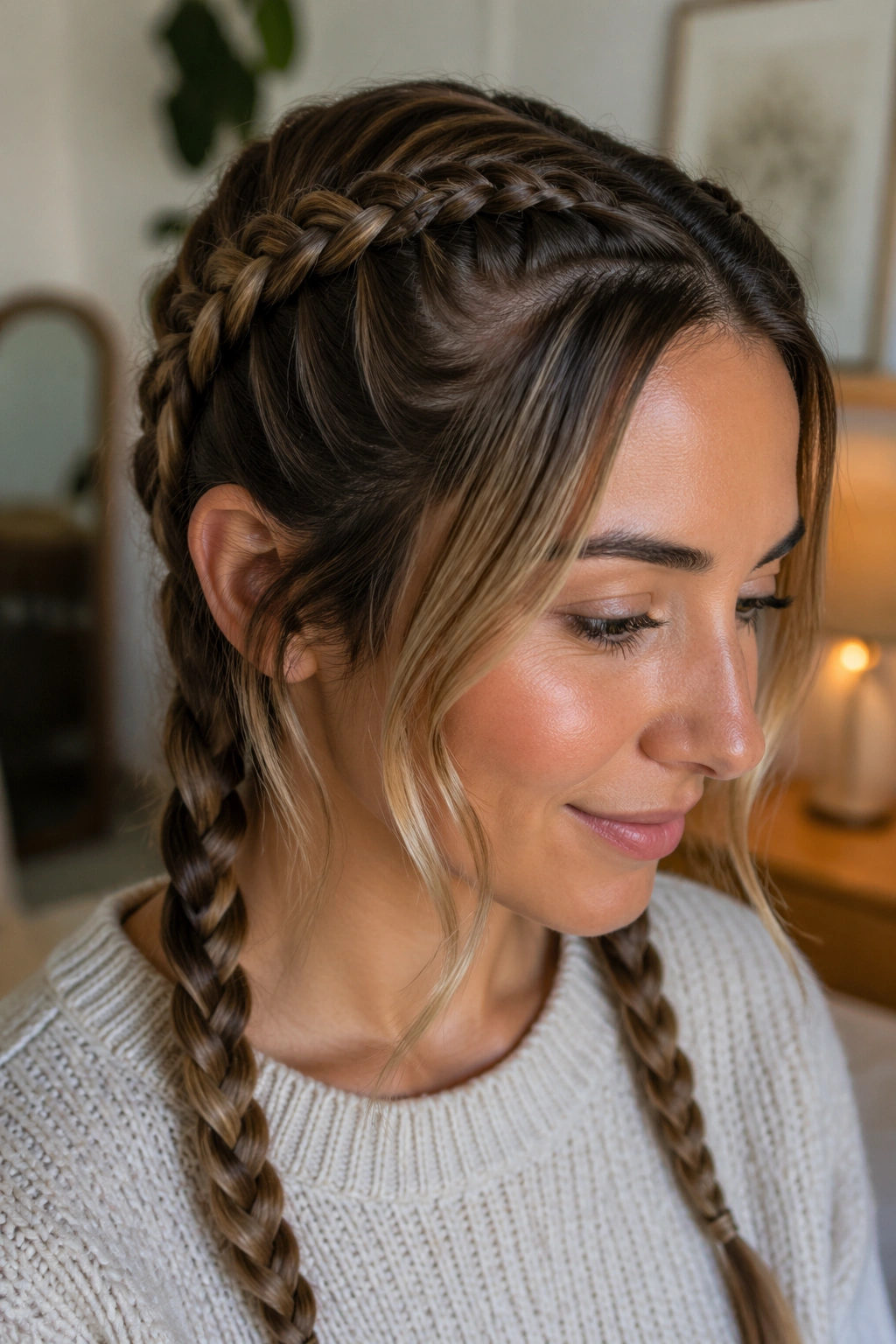 Real person with layer-friendly Dutch braids catching short front pieces.