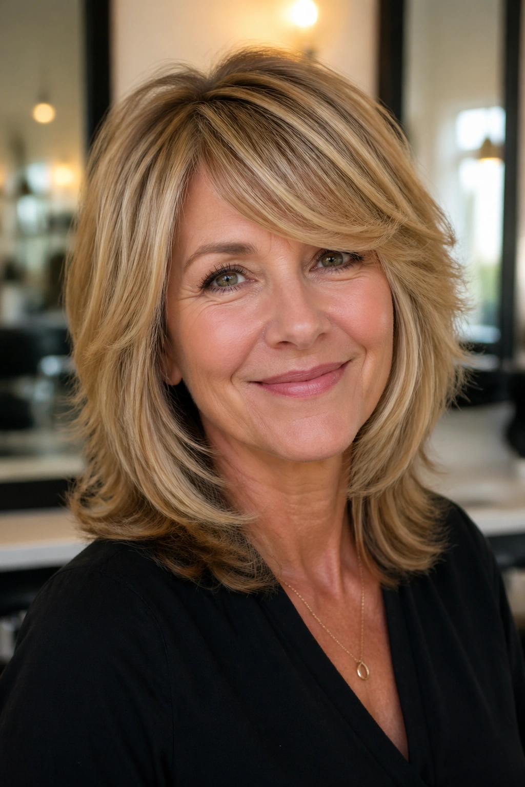 Close-up of a real woman with layered medium cut with swoopy bangs under warm window light