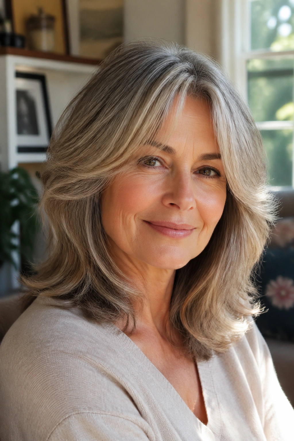 Real woman with layered shoulder-length haircut showing long face-framing layers in natural light