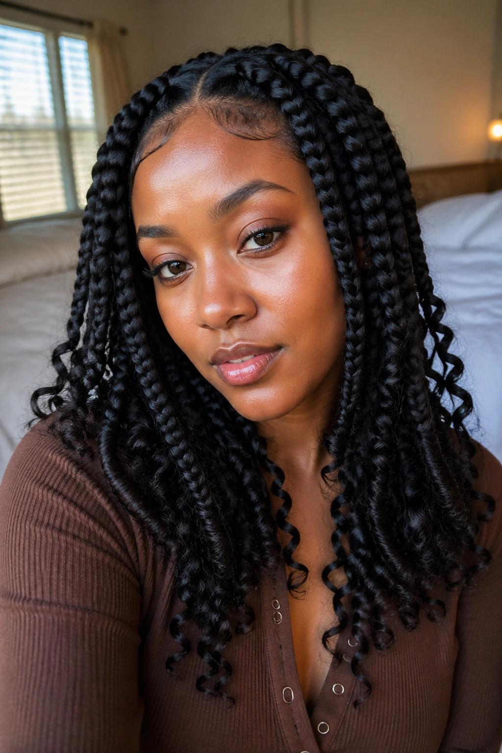 Close-up of a real woman wearing layered jumbo braids with staggered lengths and curly ends.
