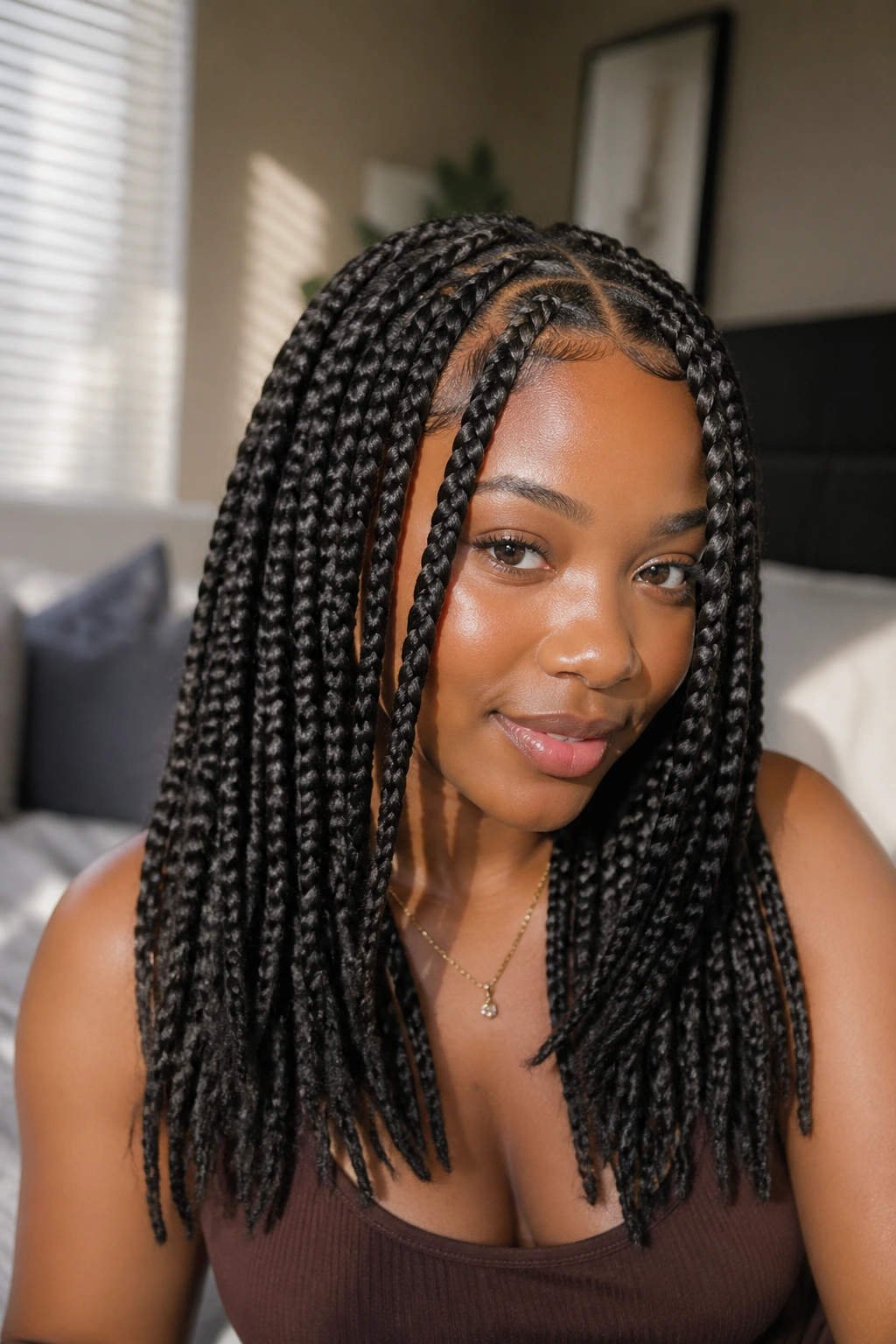 Close-up portrait of a real woman with layered jumbo knotless box braids framing her face in natural light.