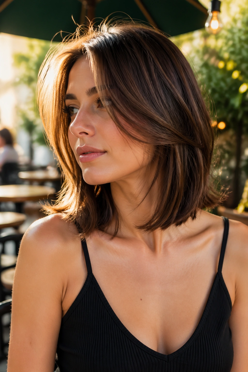 Real woman with layered lob skimming the collarbone in golden hour light