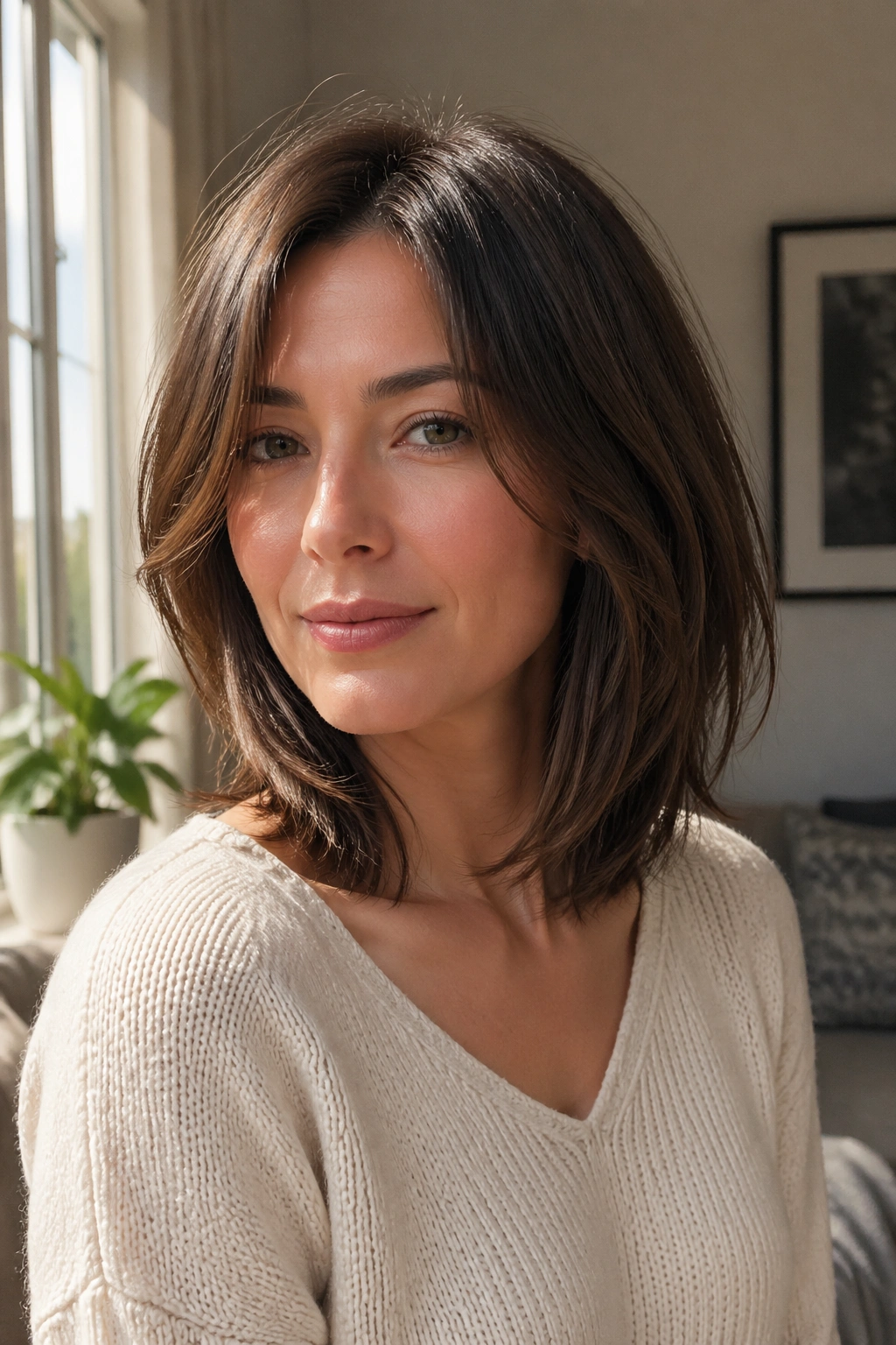 Close-up of real woman with layered lob and soft ends