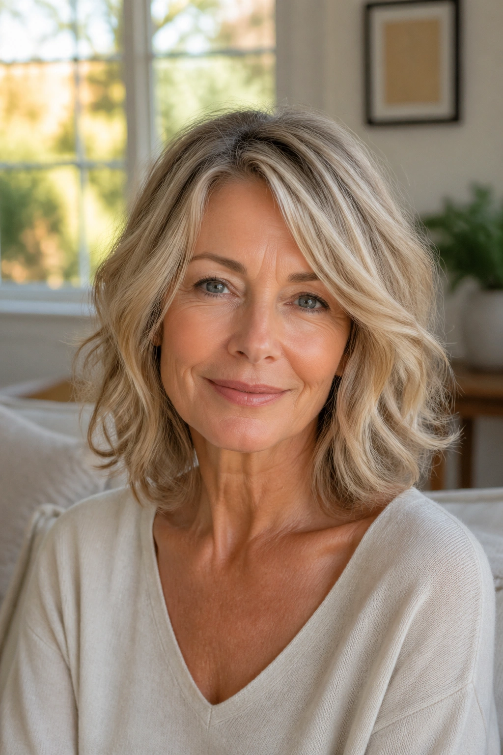Close-up of a real woman with a soft layered lob at the collarbone and loose ends in a sunlit living room.
