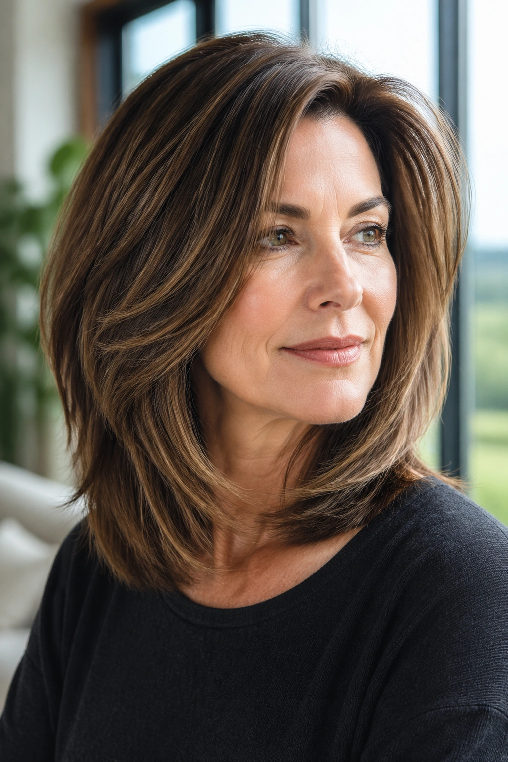 Close-up of a real woman with layered lob for thick hair in bright daylight