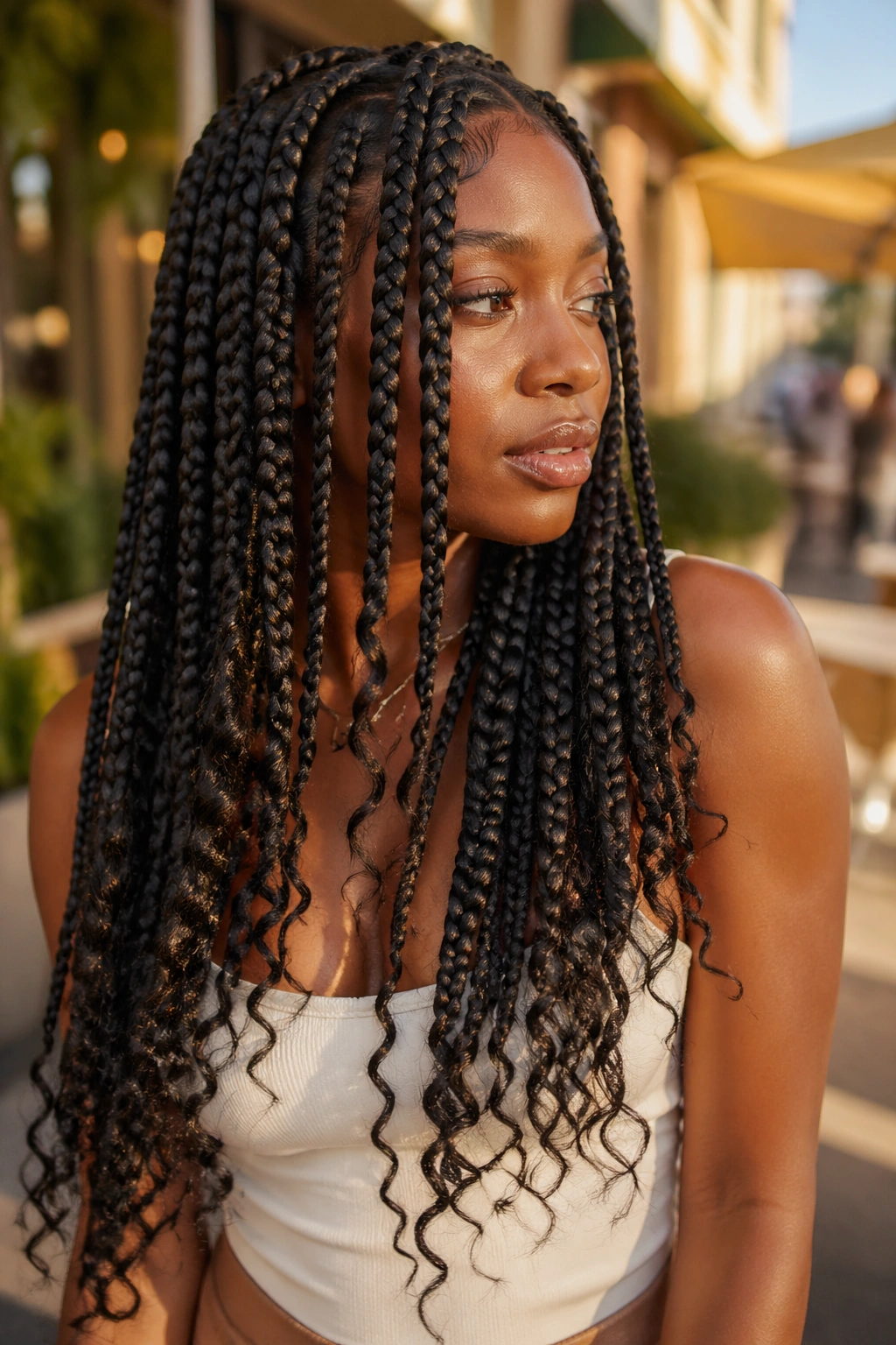 Close-up of layered long braids with different lengths framing the face